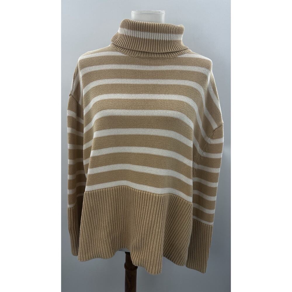 GAP Women Tan Stripe Turtleneck Sweater Medium Cotton Ribbed Hem